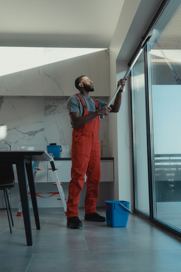 Un homme en combinaison de travail nettoie une grande fenêtre dans l’intérieur élégant et moderne d’une maison.